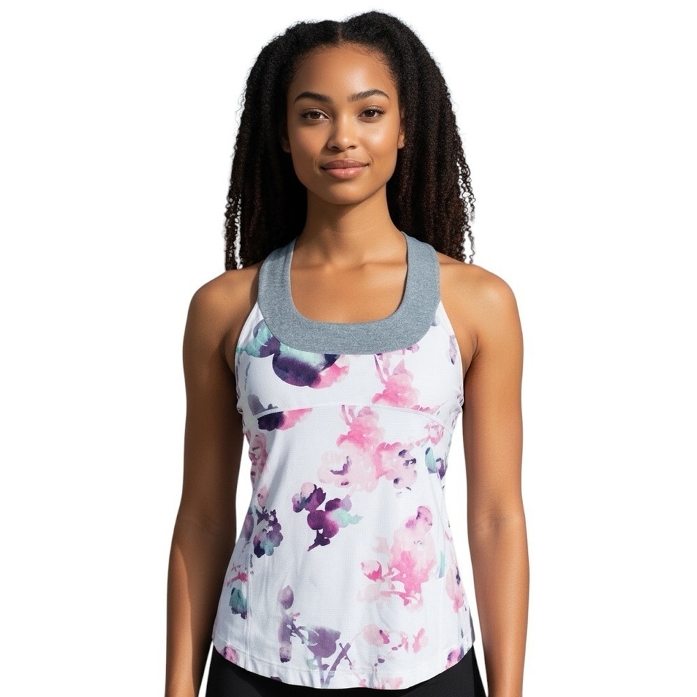 Lululemon Scoop Neck TankBlurred Blossoms White / Heathered Fossil size 10
